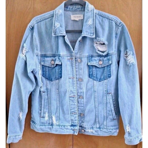 Pacsun Jacket Denim Distressed Destroyed Blue Jean Trucker Pockets Sz Medium - Picture 7 of 7